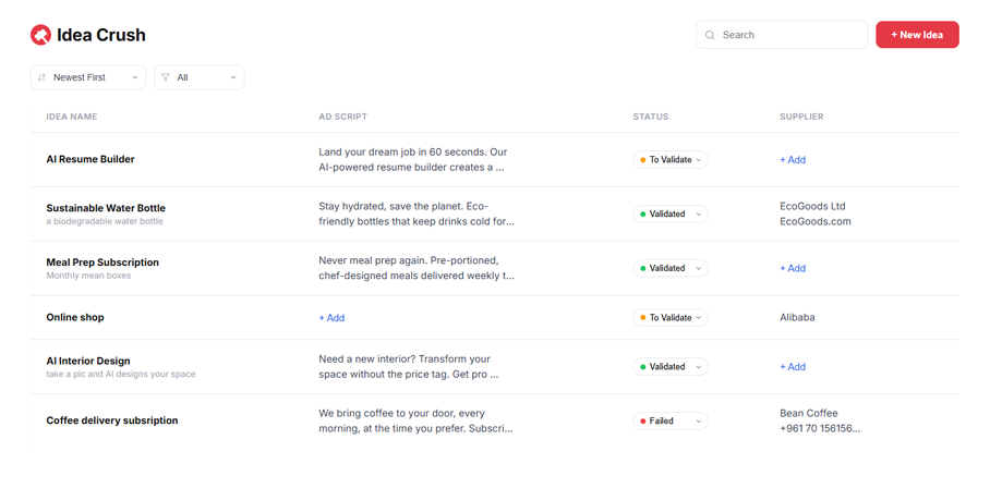 Idea Crush app — business idea validator